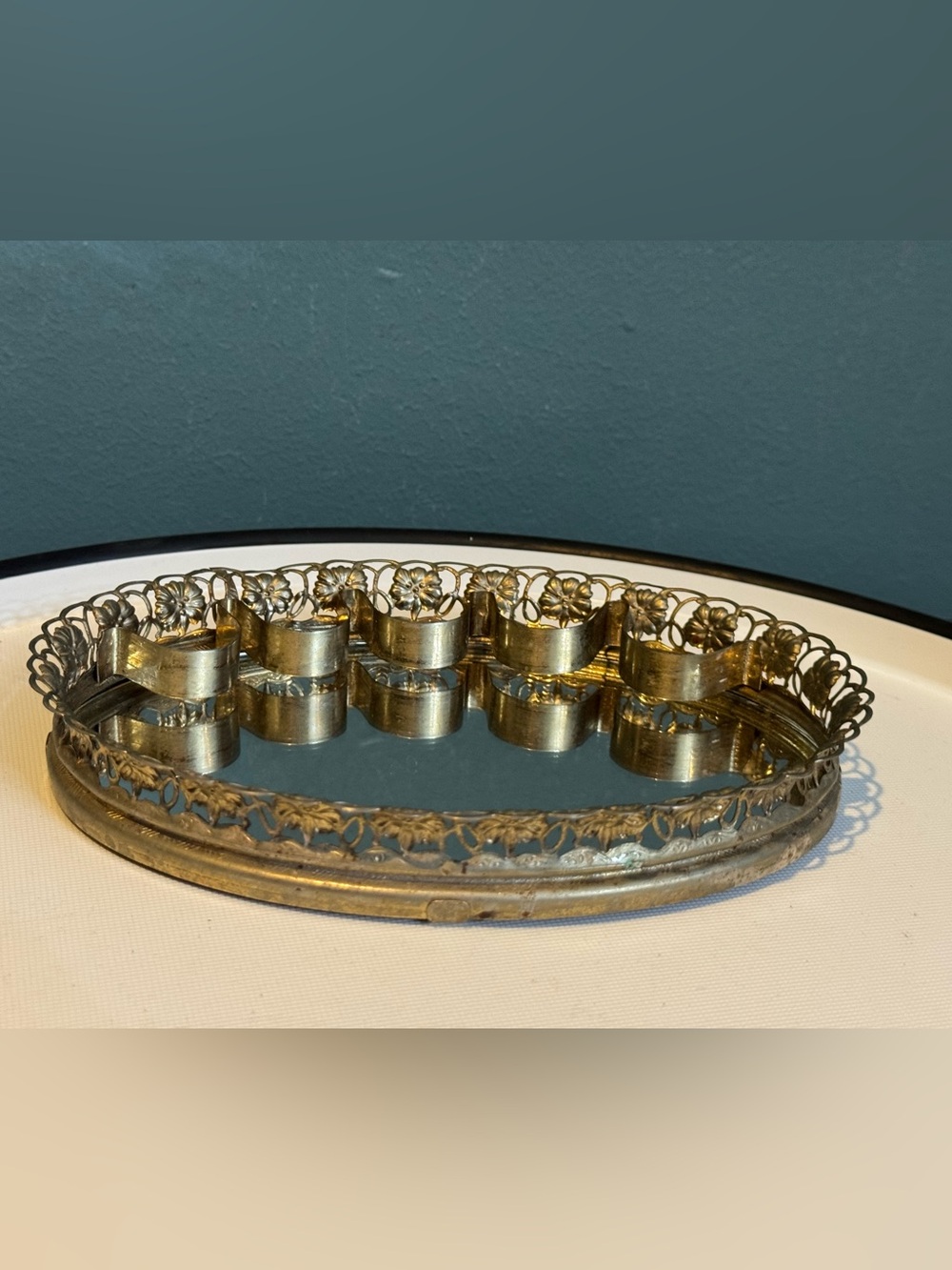 Vintage Metal Vanity Mirror Tray with built-in Lipstick Holder Hollywood Regency